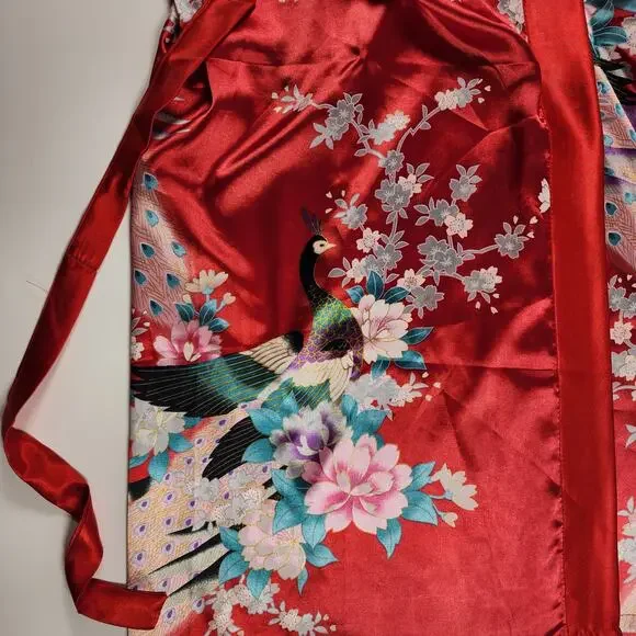 Red Satin Silk Floral Peacock Kimono Robe Wrap Short Sleeve S - Picture 3 of 9